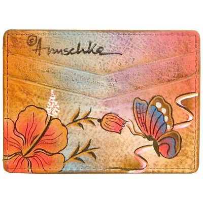   Genuine Leather Credit Card Holder Hand Painted Butterfly Rose Flowers