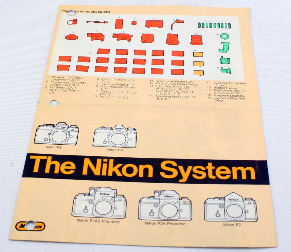 NIKON FE FM F2AS F2A PHOTOMIC F2 SYSTEM CHART SALES BROCHURE