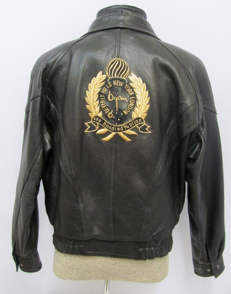 BIJAN LEATHER JACKET MOTORCYCLE BLACK EMBROIDERED GOLD LAUREL LEAF 