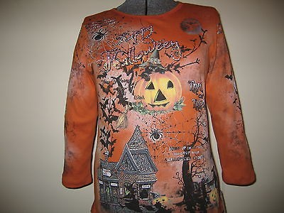 NEW WOMEN HALLOWEEN T SHIRT SIZESM L XL PUMPKIN W/RHINESTONES BATS 