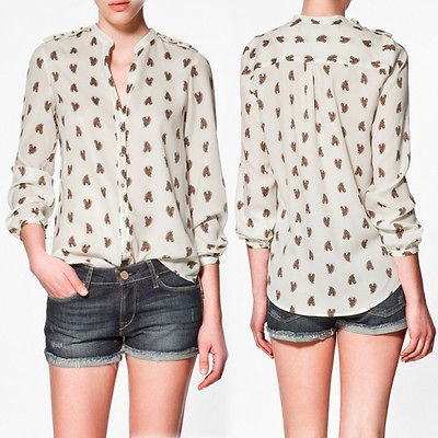 Button Down Blouse Shirt Horse Printed Long Sleeve Chiffon V neck 