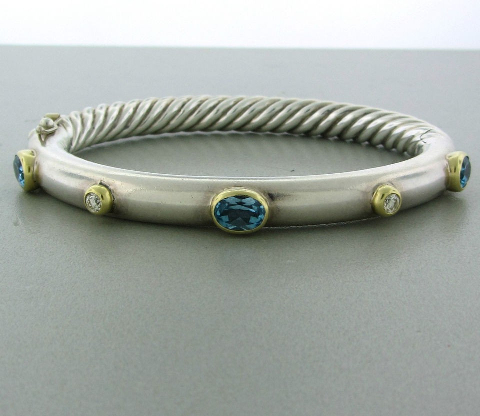   STERLING SILVER 18K YELLOW GOLD BLUE TOPAZ DIAMOND BANGLE BRACELET