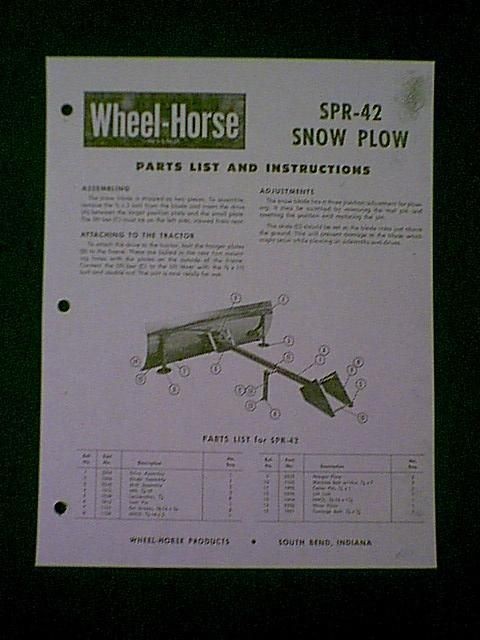 WHEEL HORSE SNOW PLOW SPR 42 PARTS MANUAL