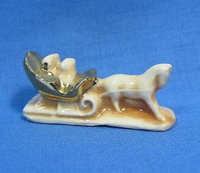 Vintage Tiny Horse Drawn Golden Sleigh Brown Glaze Miniature Ceramic 