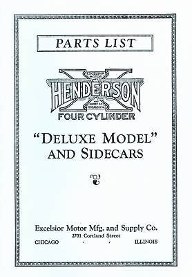   HENDERSON FOUR CYLINDER MOTORCYCLE PARTS LIST DELUXE   REPRODUCTION