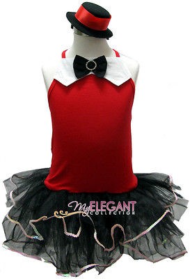 Red Jazz Dance Girls Costume Dress Ballet Leotard Tutu Arm Mitts Hat 2 