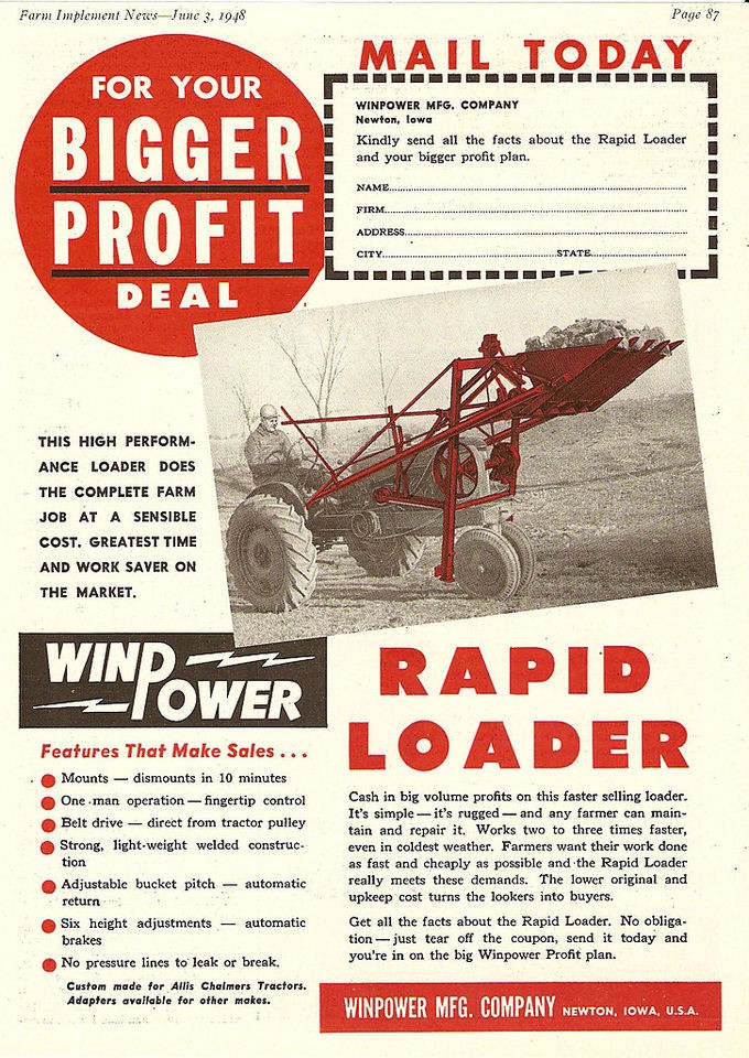   1948 WINPOWER RAPID BELT POWER TRACTOR FRONT END LOADER AD NEWTON IOWA