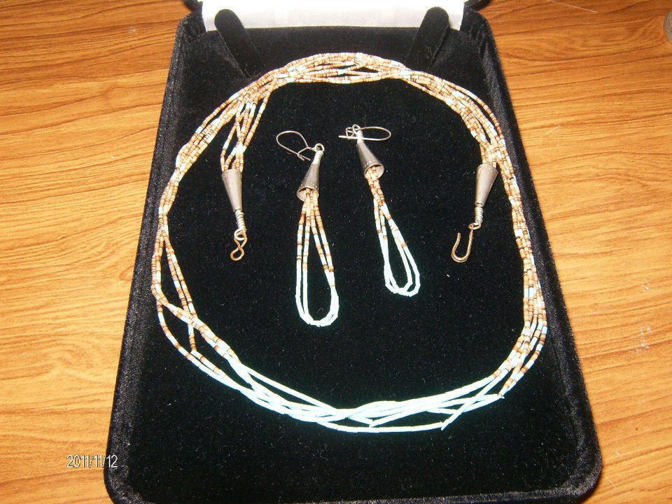 HEISHI NECKLACE AND EARRING SET WITH STERLING ENDS AND TIPS