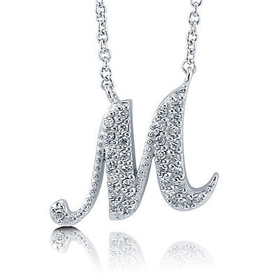   CZ STERLING SILVER CURSIVE INITIAL LETTER M PENDANT NEKCLACE