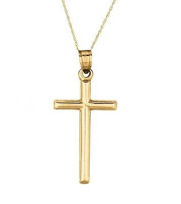 14k Solid Yellow Gold Tubular Cross Necklace Pendant 18 Chain