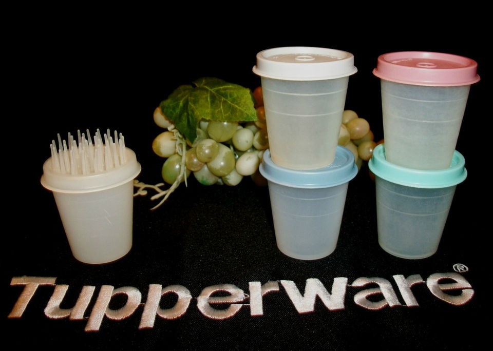 Tupperware 5 Midget 2 oz Tumblers ~Country PASTEL seals + Vtg scrub 