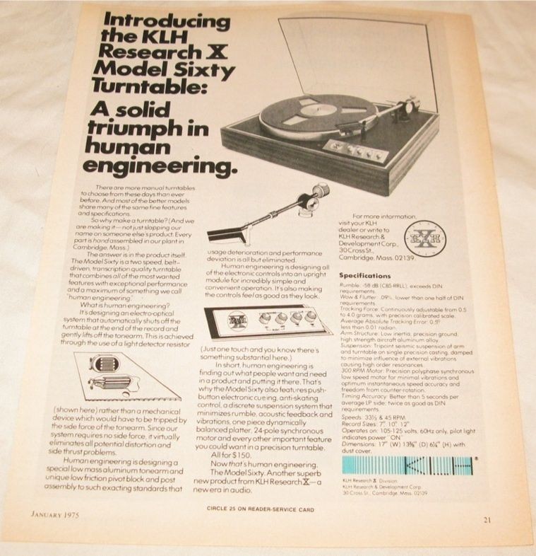 Vintage Klh Research X Model 60 Turntable Print Ad 1975 On Popscreen