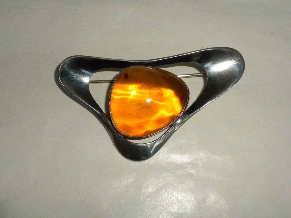 MODERNIST 925 SILVER AMBER BROOCH GERMANY HANDARBEIT