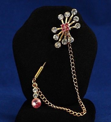   SHAWL COSTUME DANGLE SALMON PINK RHINESTONE BROOCH PIN WITH GIFT BOX