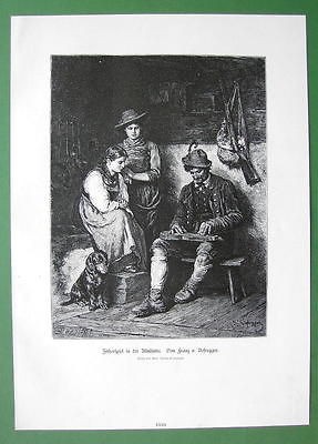 ZITHER PLAYER Tyrol Girls & Dog Listen   VICTORIAN Era Antique Print