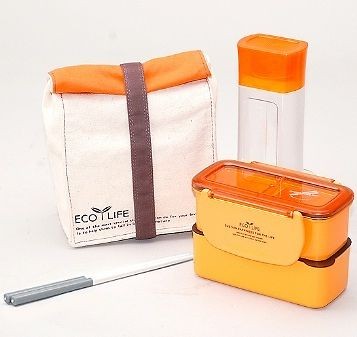 ORANGE Bento Lunch Box Set w/2 Containers + Bottle + Chopstics 