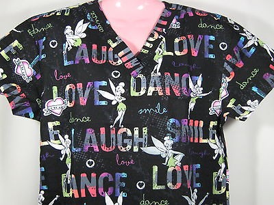 NEW Nursing Medical Scrubs Disney Tinkerbell Fairy Black X LARGE