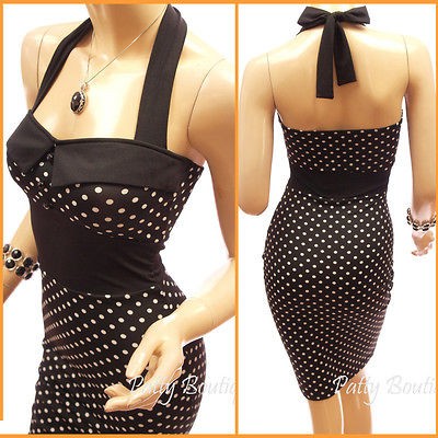 Black & White Polka Dots Halter Cocktail Party Dress, M