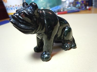 ANTIQUE ? UNIQUE GARNET EYED ? POLISHED ONYX ? JADE ? CARVED DOG BULL 