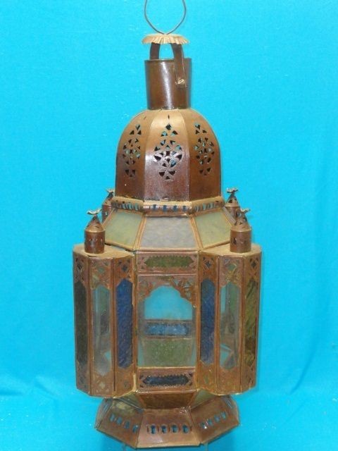 LARGE VINTAGE MOROCCAN LANTERN CHANDELIER with COLORED GLASS ~ 27