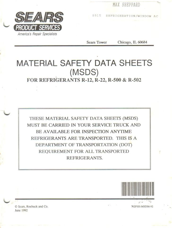  MSDS for Refrigerant R 12 R 22 R 500 R 502 manual