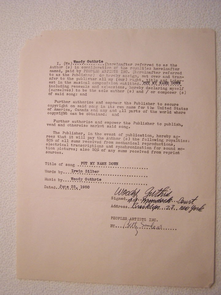   hand signed letter autograph 1950 brooklyn address peoples songs