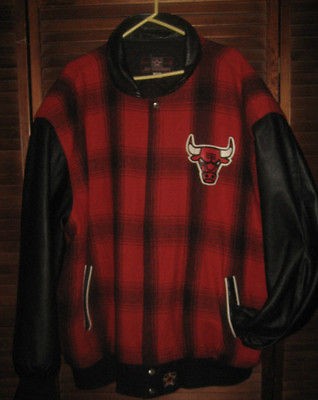 Red Black Plaid Wool Leather Chicago Bulls JH Design Jacket~4XL~USA
