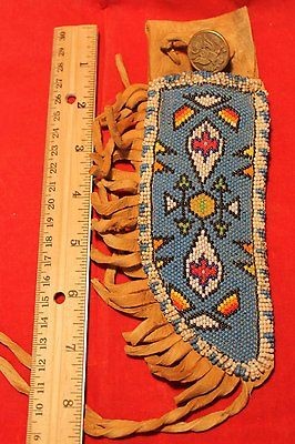  PLAINS INDIAN BEADED BUCKSKIN FRINGE SINEW SEWN KNIFE SHEATH NATIVE 