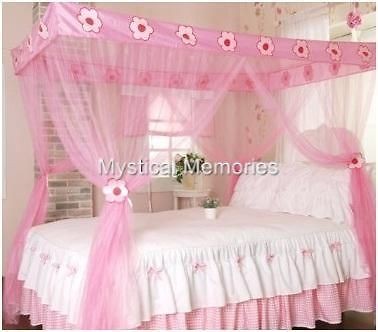 Pink Flower Princess Mosquito Net 4 Poster Bed Canopy