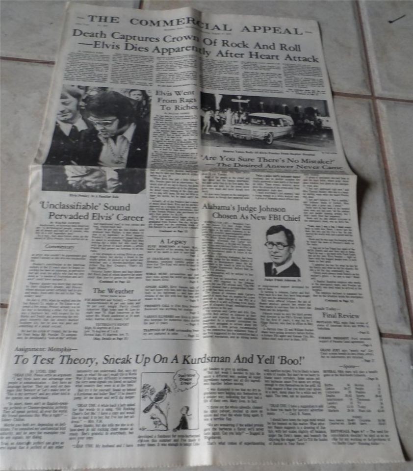   VINTAGE 1977 THE COMMERCIAL APPEAL NEWSPAPER DEATH COPY MEMPHIS