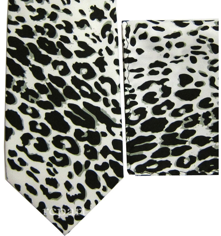 New Mens polyester leopard print necktie set white