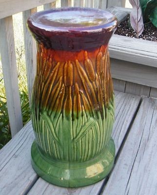 OLD ANTIQUE MAJOLICA GREEN & PINK WELLER CATTAIL PEDESTAL JARDINIERE 