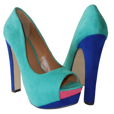 Teal Blue Multi Color Suede Peep Toe Sky High Platform Chunky Heel 