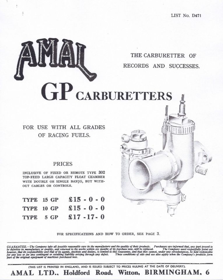 Amal GP Types 1&2, 5 10 15GP carburetor parts list and tuning 31 pages 