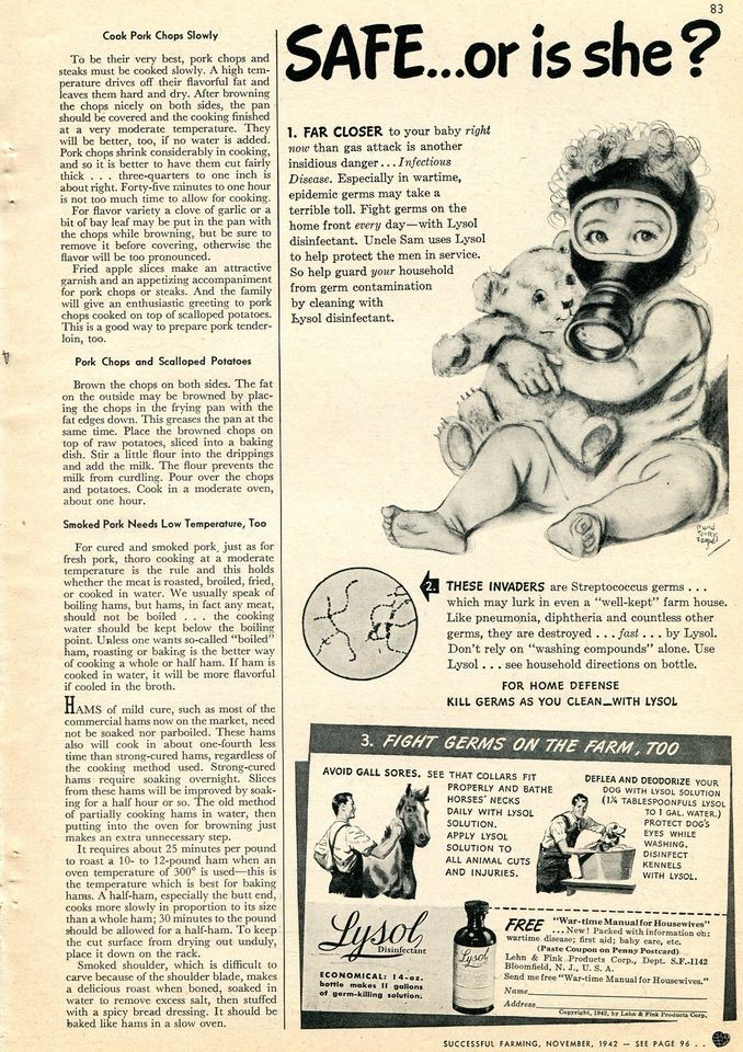 1942 Lysol Disinfectant Baby with a Gas Mask Ad