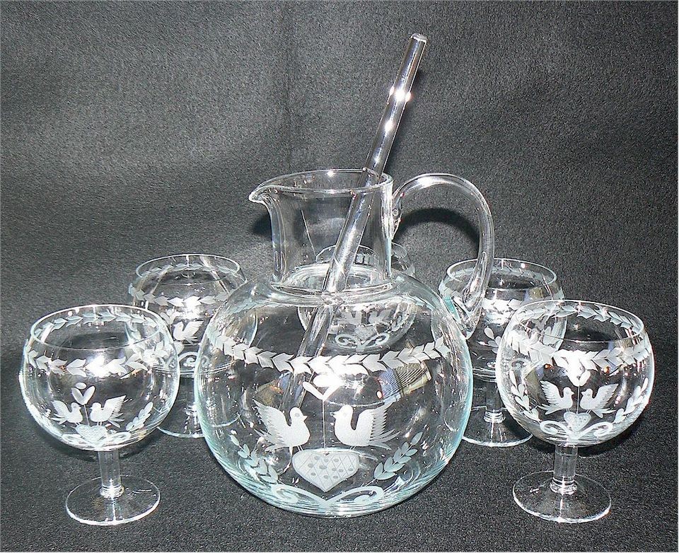 VINTAGE TIFFANY GLASS PITCHER (5) GOBLETS CUT ETCHED PENNSYLVANIA 