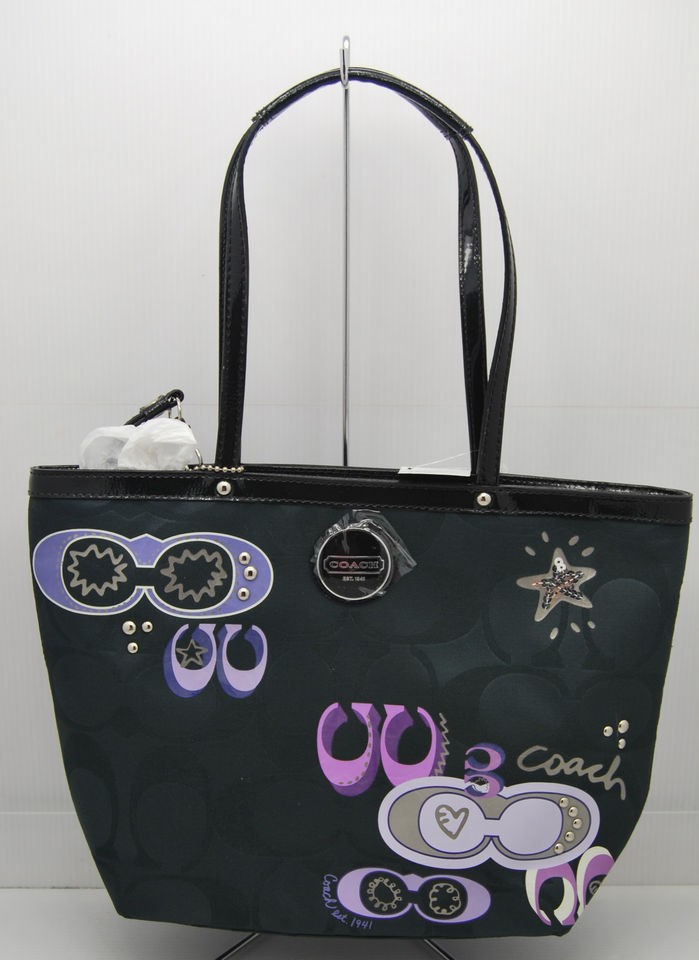 Coach F17587 Signature Sequin Applique Tote Purse Black Purple NEW Buy 