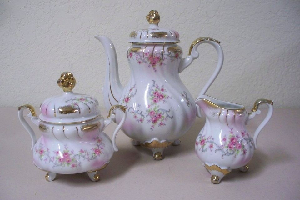 Lefton Tea Set Heirloom Rose Pot Creamer Sugar Bowl
