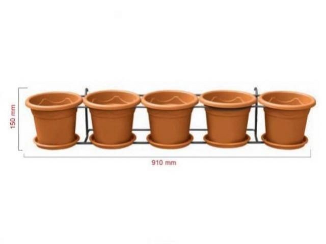   and 5 flowerpots, terracotta colour, flower pot with saucer, plastic