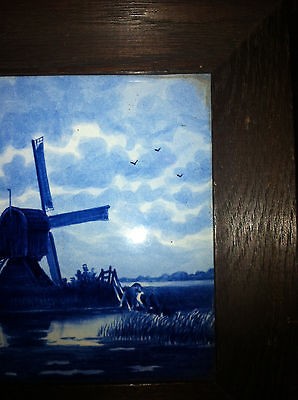 Antique Porcelain Delft Tile Artist signed Windmill Scene