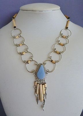 Exotic Celestine semi precious stone bamboo necklace Peruvian alpaca 