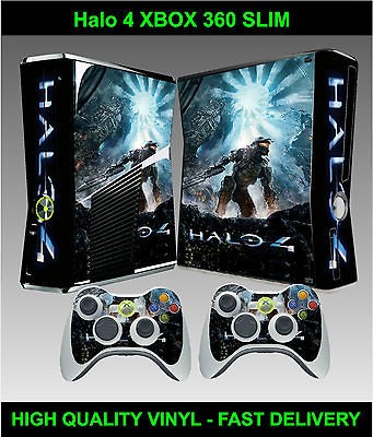 XBOX 360 SLIM HALO 4 CONSOLE STICKER SKIN GRAPHICS & 2 CONTROLLER 