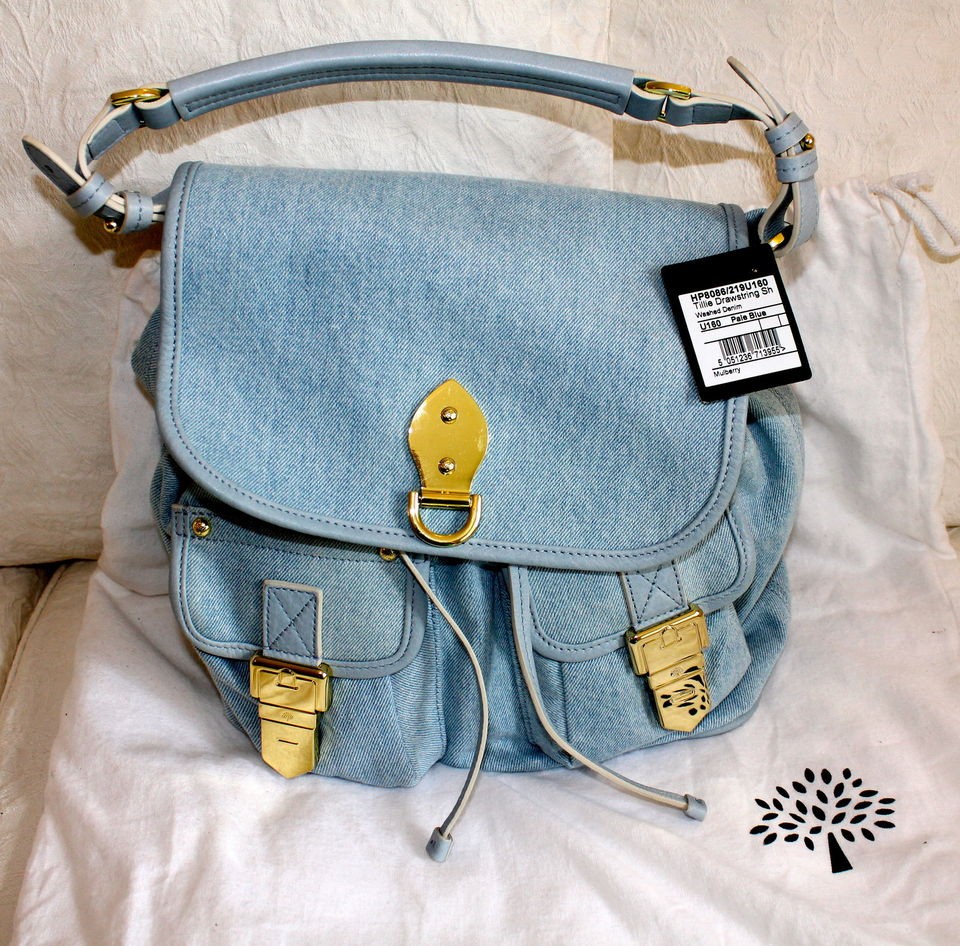 Mulberry Blue Washed Denim Tillie Drawstring Shoulder Handbag   100% 