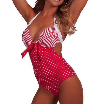 One Piece Bathing Suit Low Cut Out Halter String Tie Swimsuit Swimwear 