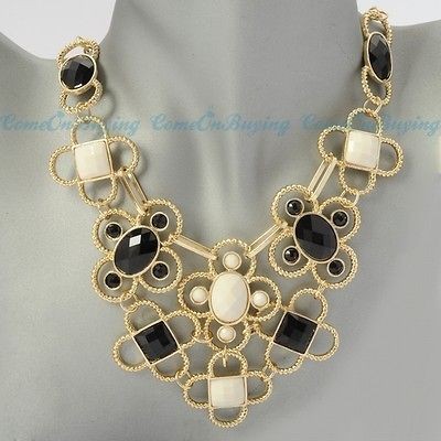   Chain Flower Hollow White Black Resin Beads Pendant Bib Necklace