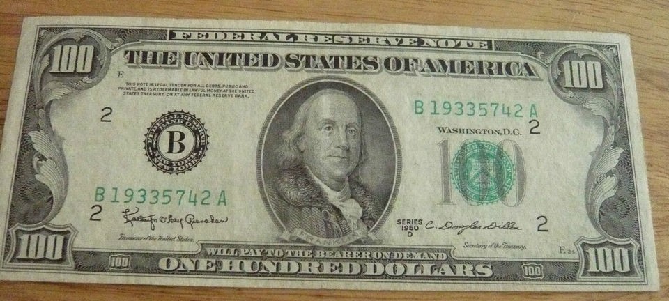 1950 D BENJAMIN FRANKLIN 100 DOLLAR BILL FEDERAL NOTE US CURRENCY 