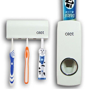   Auto Toothpaste Dispenser 5 Toothbrush Holder Set Wall Mount White