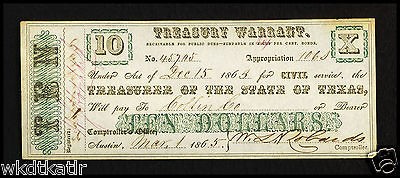 XF 1865 Austin TX Treasury Warrant $10 (10 Dollars) 457115 #860