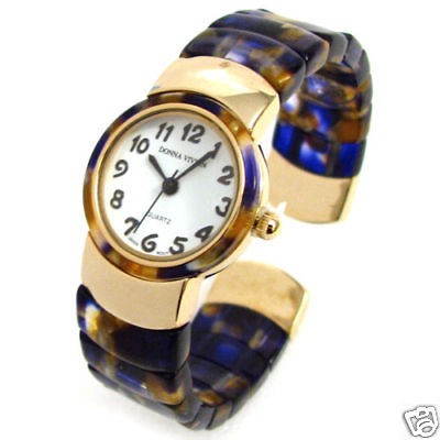 BLUE TORTOISE GOLD Flex Band Womens Bangle Cuff WATCH