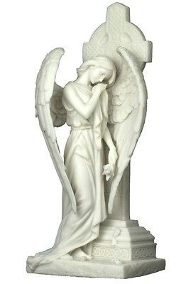   Marble Weeping Angel Leaning on Irish Celtic Cross Figure Statue Decor